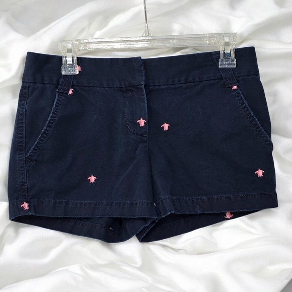 J. Crew Classic Twill Chino Shorts Woman‎ 2 Blue with Embroidered Pink Turtles - Picture 1 of 12